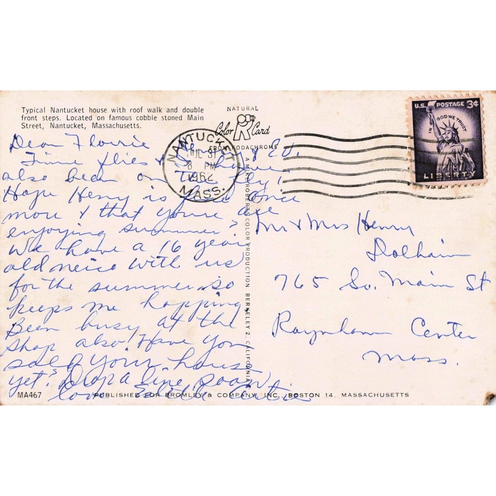 Vintage 1962 Nantucket MA Main Street House Roof Walk Postcard Bromley MA467 - Picture 2 of 2